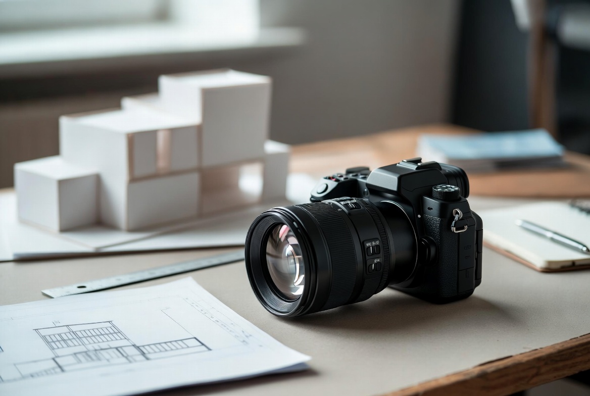 Mirrorless camera with lens on a desk beside architectural drawings and a white study model.