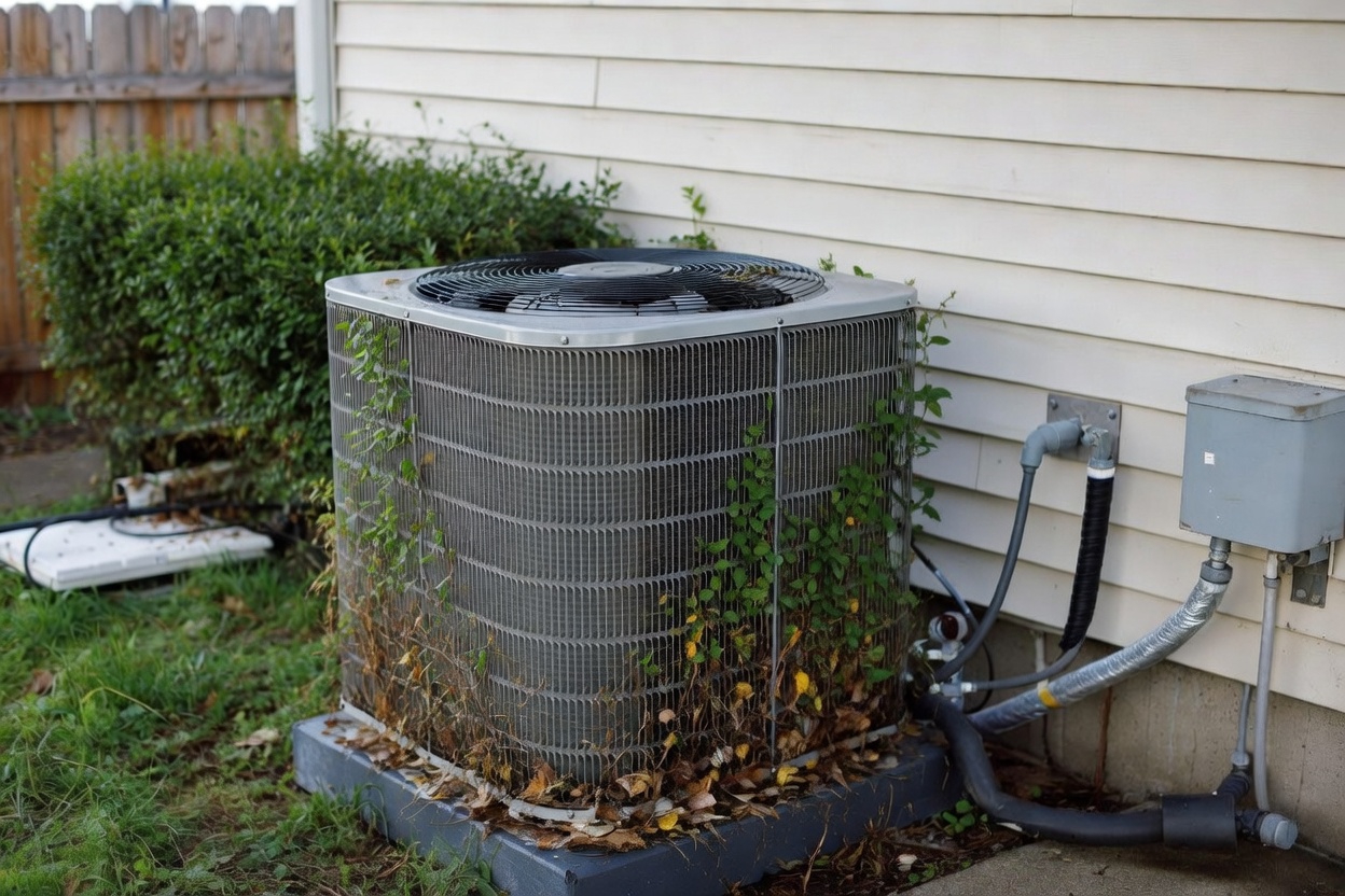 Outdoor heat pump condenser with plants and debris crowding the coil and reducing airflow.