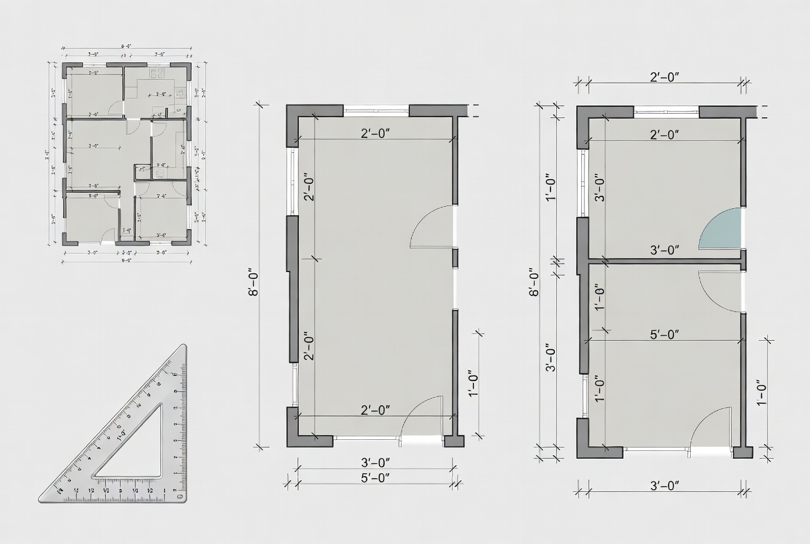 Residential floor plan sheets with dimension strings and an architect scale ruler.