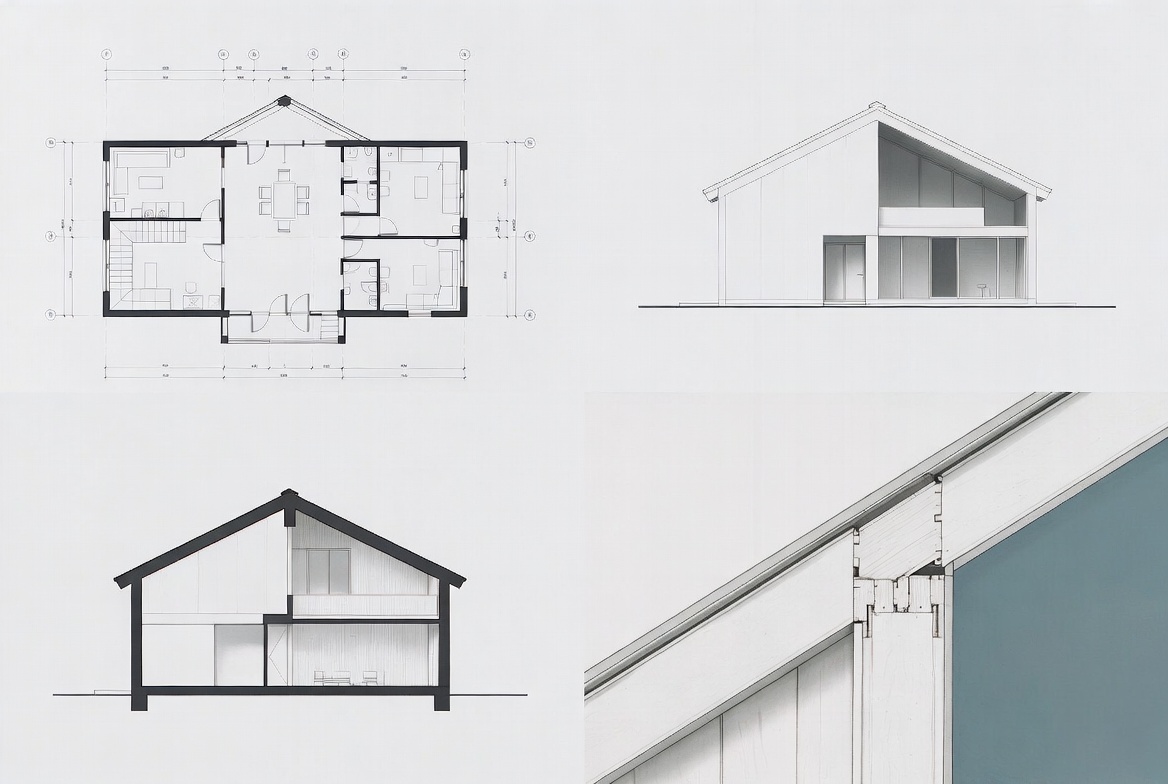 Architectural floor plan, elevation, section, and detail drawings shown together.