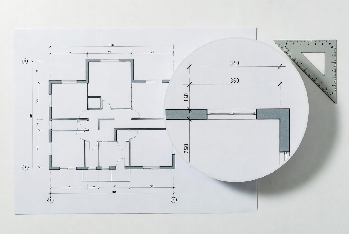 Magnified blueprint dimension detail beside a residential floor plan and scale ruler.