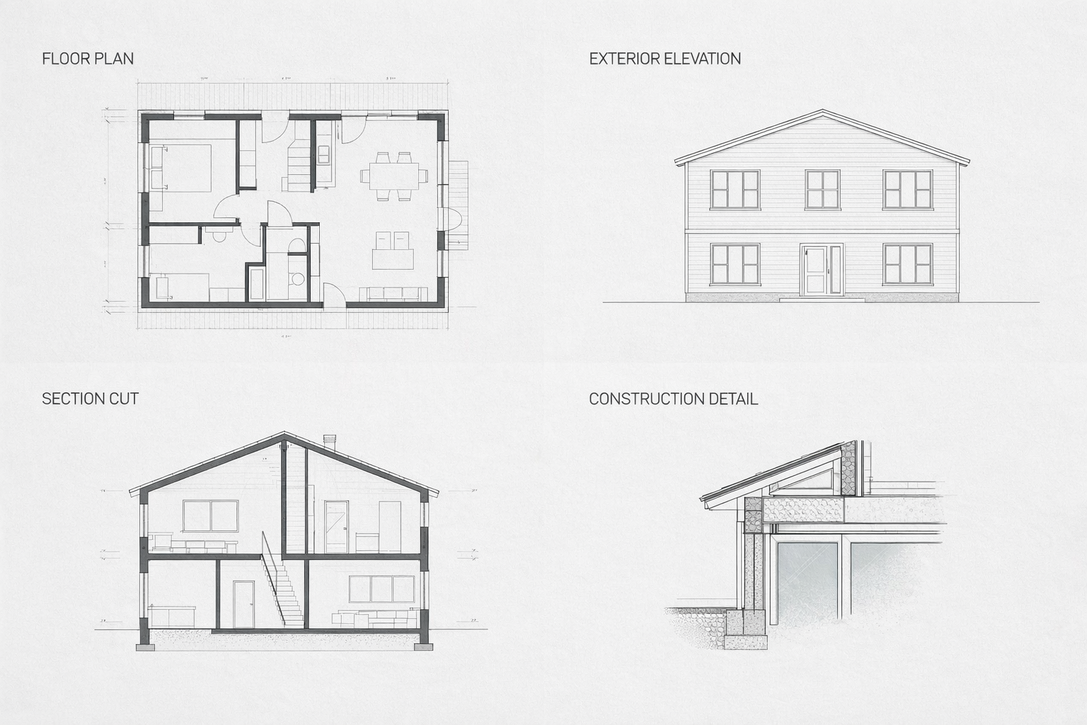 Blueprint drawing types showing floor plan, elevation, section, and construction detail.