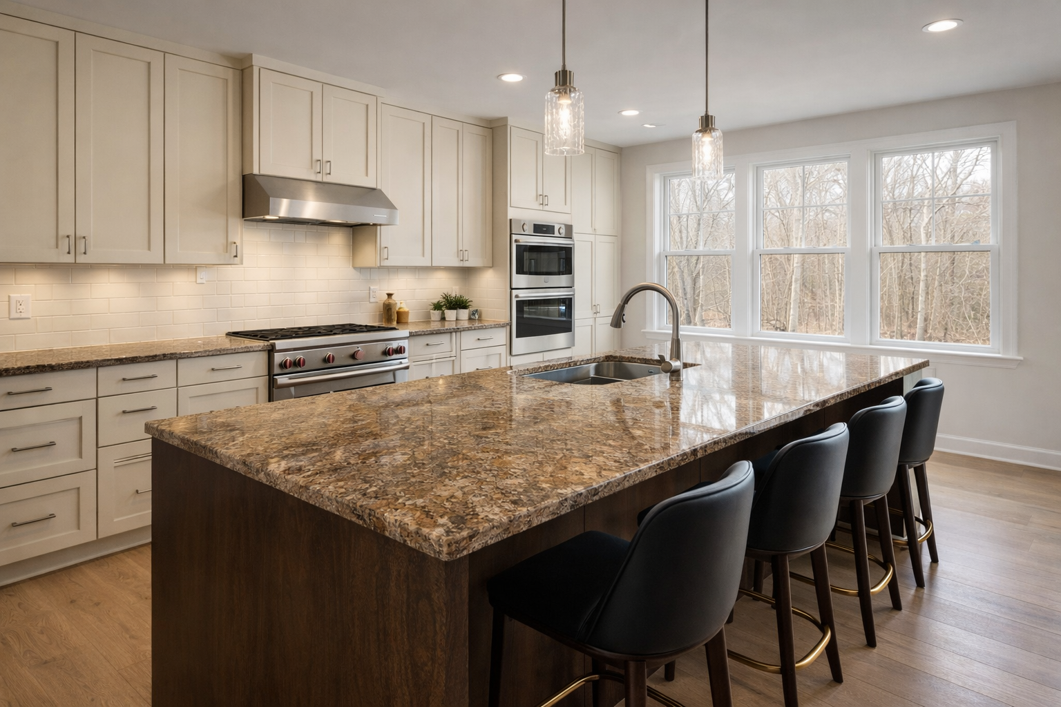 Contemporary kitchen featuring a brown granite island.