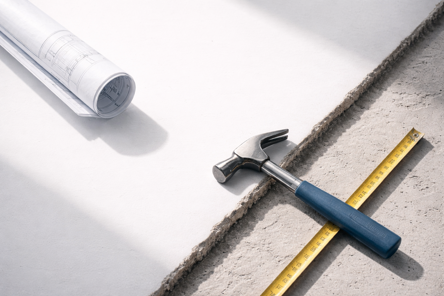 Building construction process tools: blueprint roll, hammer, and measuring tape on concrete.