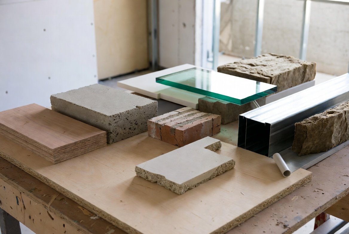 Common building material samples including wood, concrete, brick, glass, drywall, steel, and PVC.