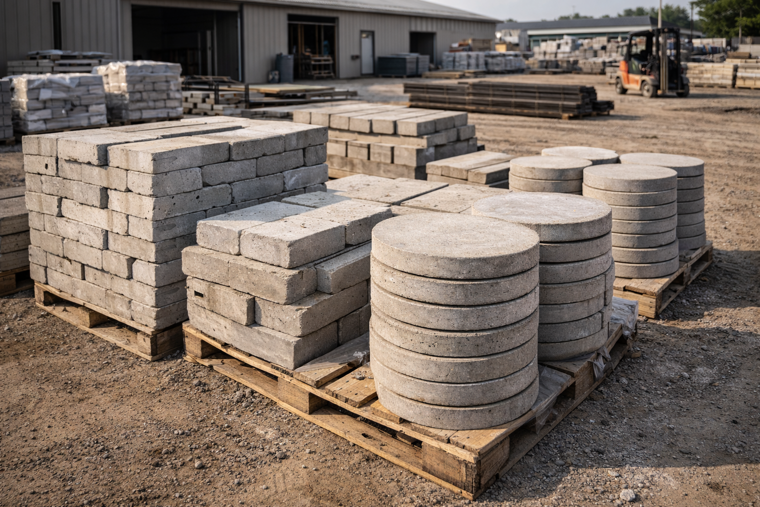 Outdoor building supply yard with pallets of precast concrete blocks and round pavers on gravel, warehouse and forklift in background.