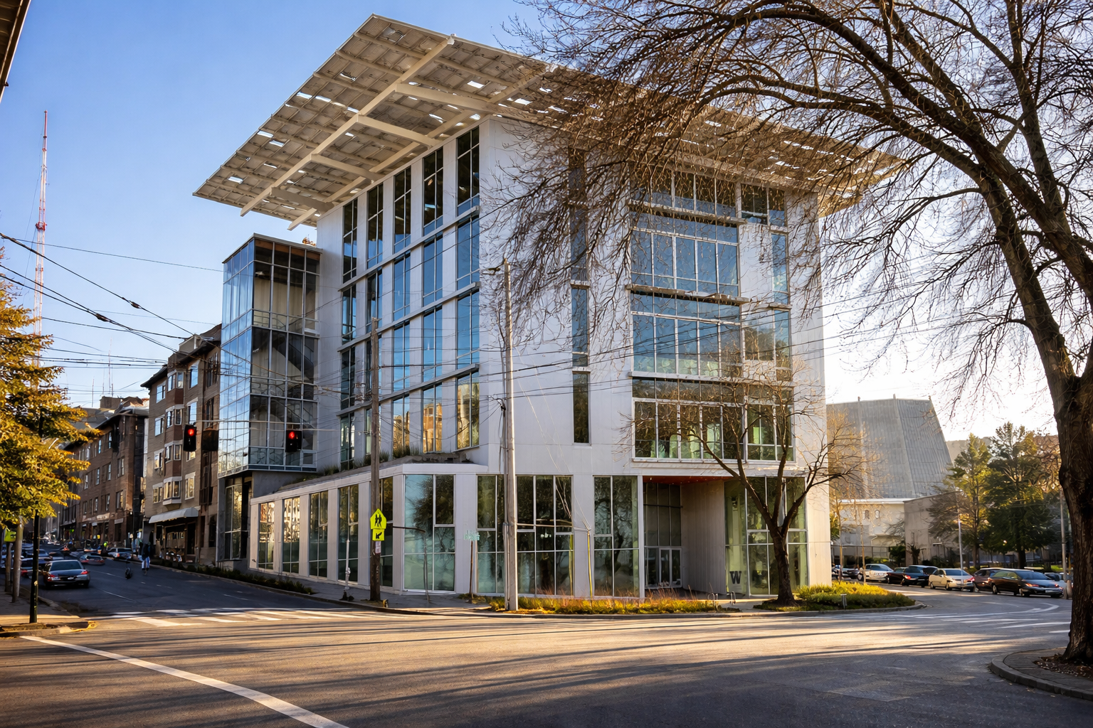 Seattle Bullitt Center street-corner view showing solar roof overhang and tall glazing.