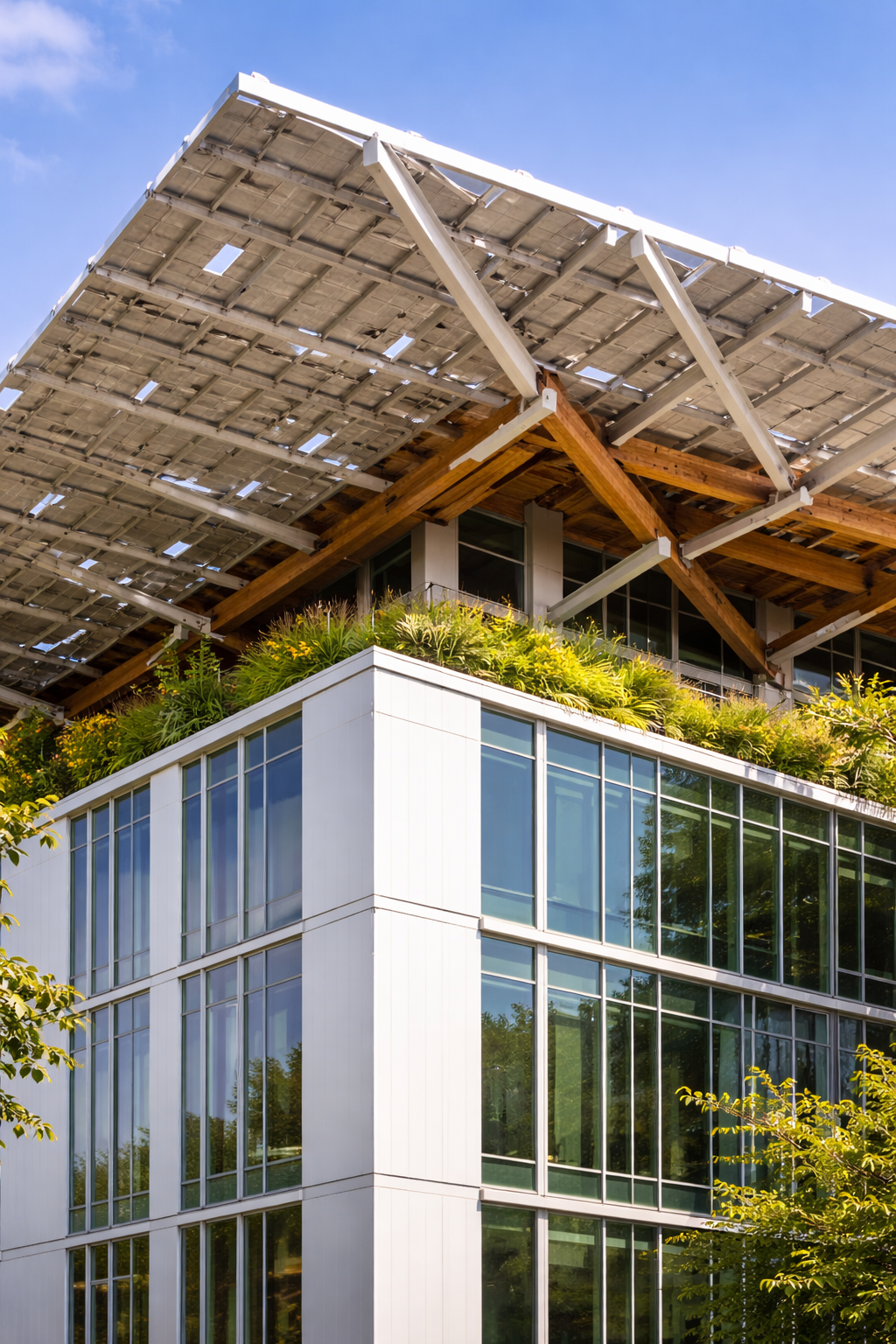 Close-up of Bullitt Center’s solar panel roof with lush green plants and glass facade.