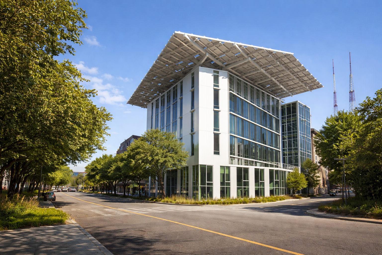 Bullitt Center Seattle sustainable office building with PV canopy.
