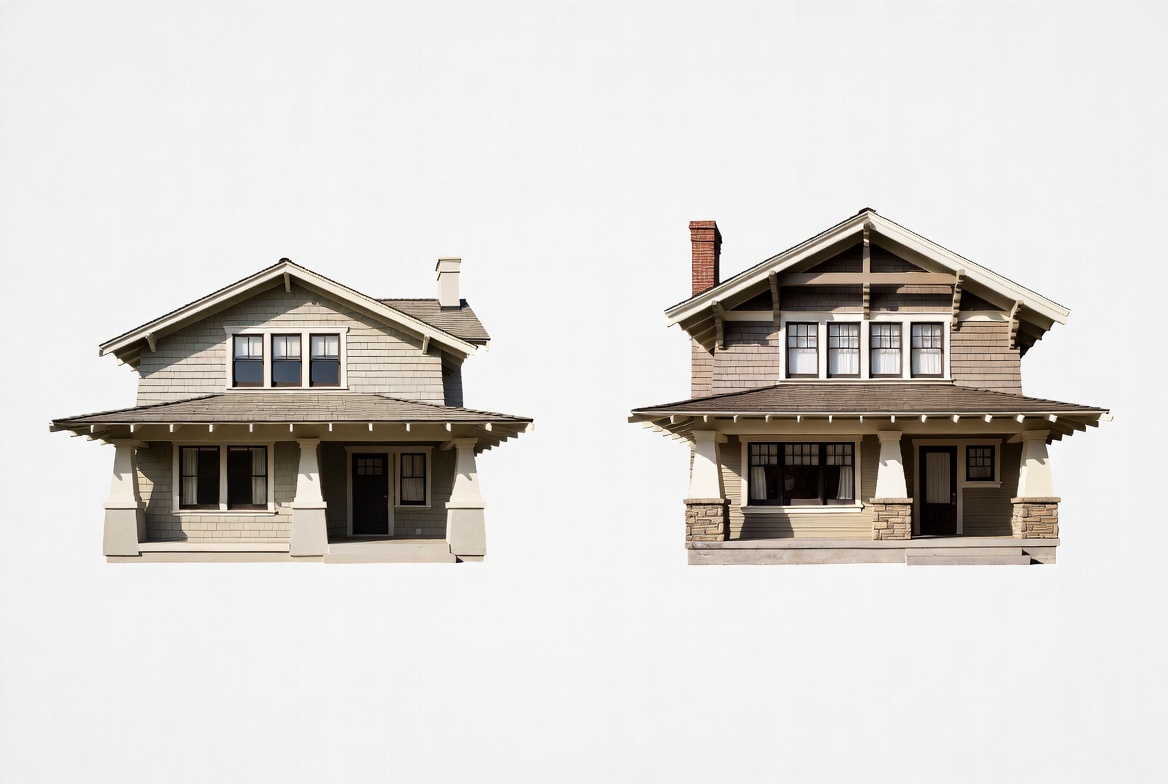 Side-by-side comparison of a simpler bungalow form and a more detailed Craftsman house.`