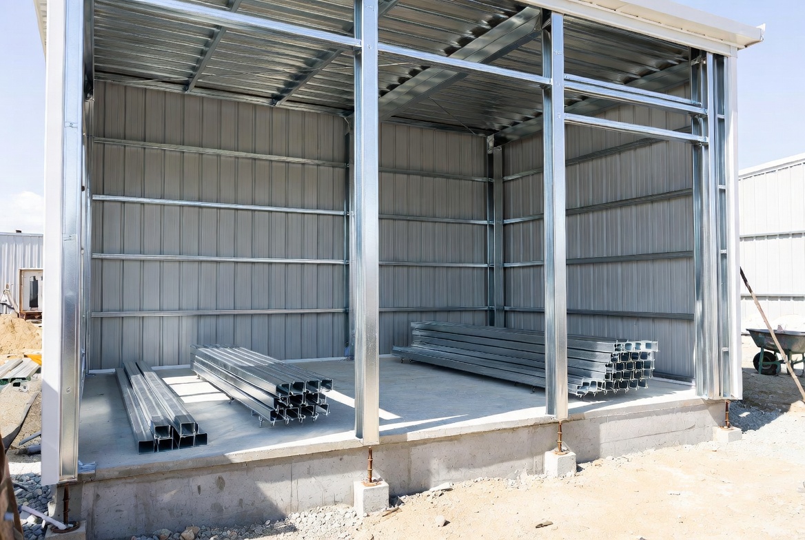 Small prefab metal building shell on a concrete slab with unfinished openings and stacked steel members.