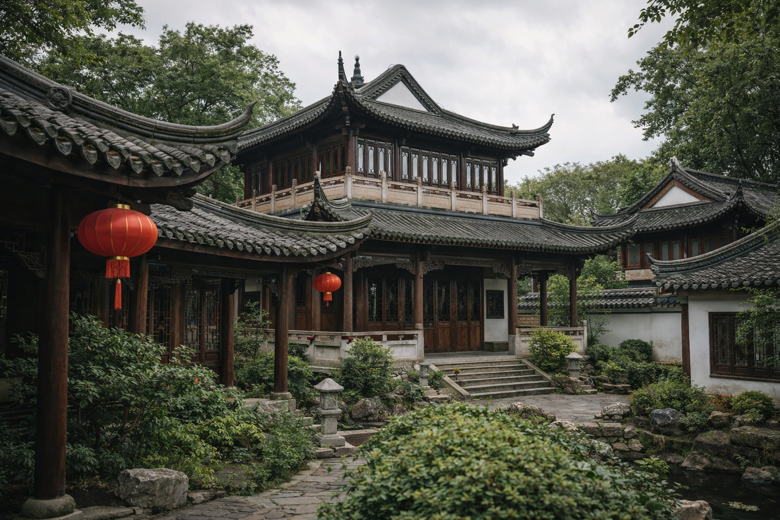 Traditional Chinese courtyard architecture with curved tiled roofs, timber columns, lanterns, and garden walls.
