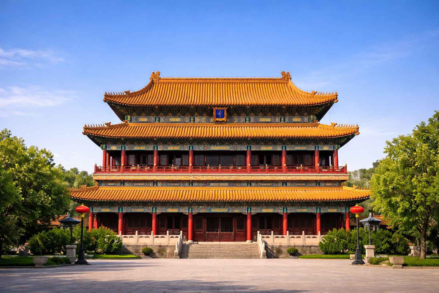 Traditional Chinese palace with golden tiled roofs, red columns, and ornate brackets.