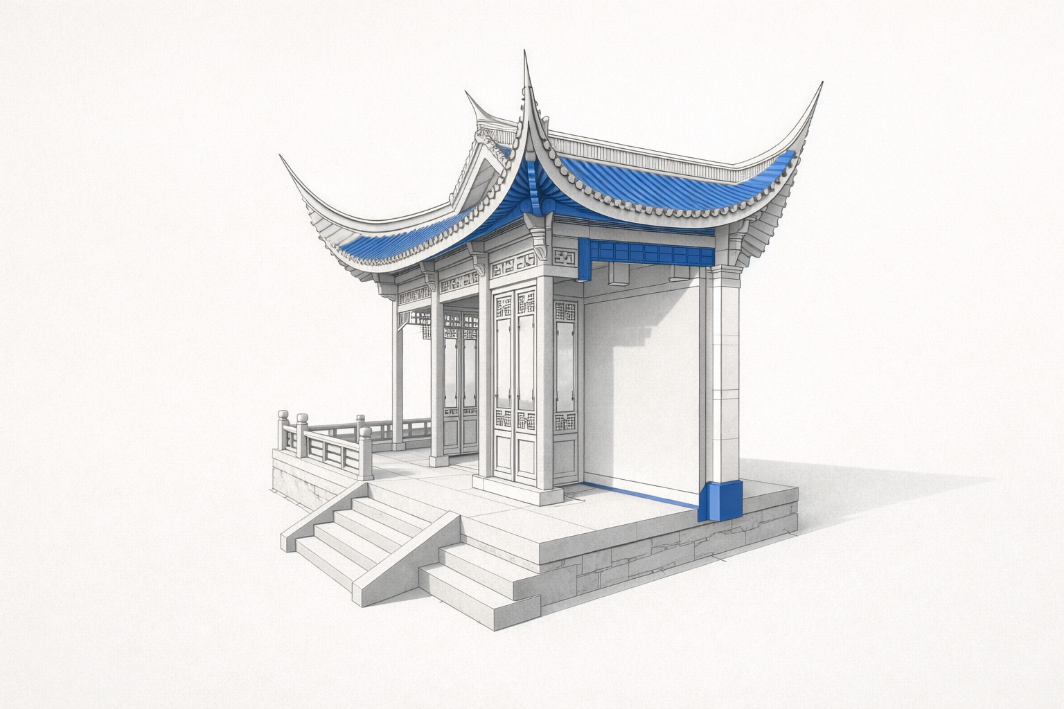 Minimal diagram of a traditional Chinese pavilion showing curved roof geometry and column layout.