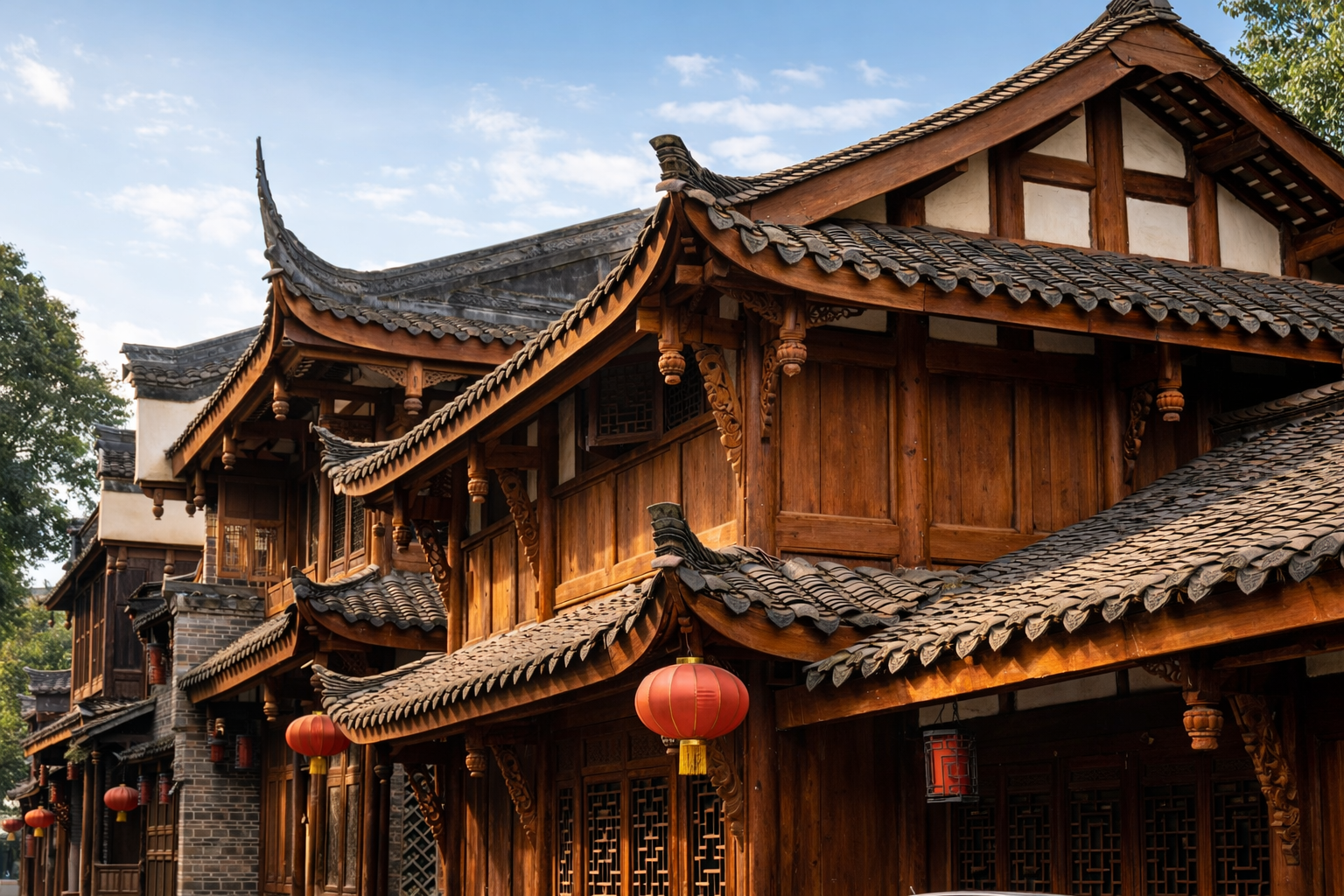 Historic Chinese timber houses along a stone street with curved roofs and hanging red lanterns.