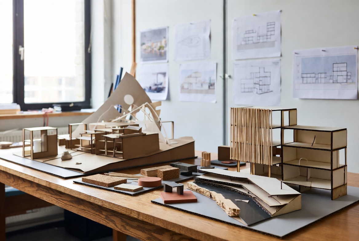 Climate-responsive design study models and boards in an architecture studio.