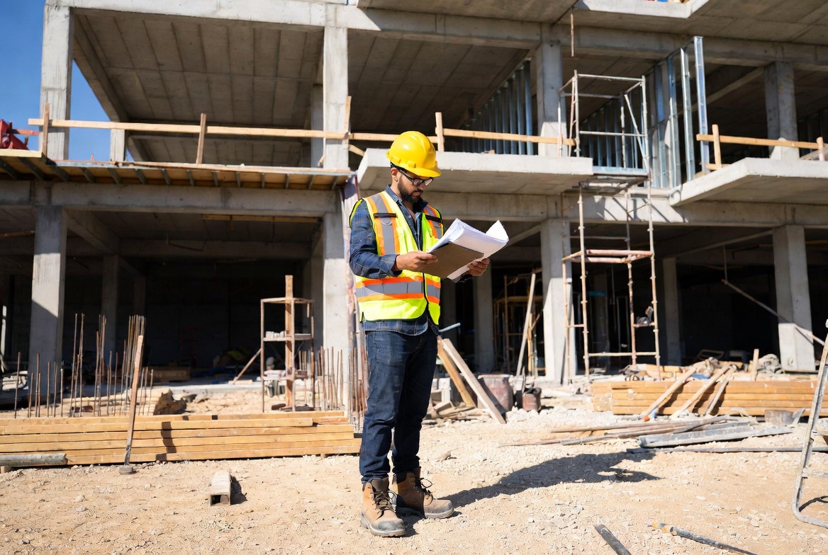 Construction manager at risk reviewing blueprints on an active construction site with partially built concrete structure in the background.