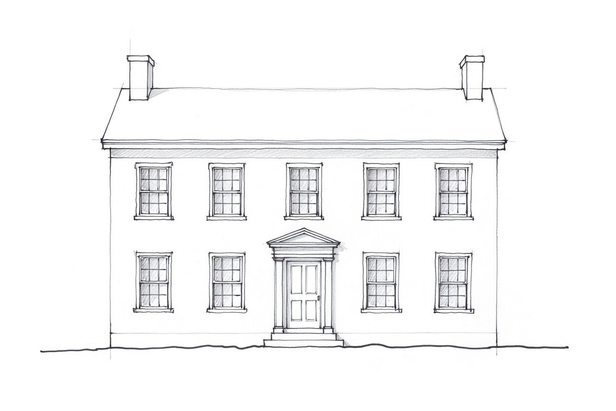 Architectural sketch diagram showing the symmetrical facade and key characteristics of Colonial architecture.