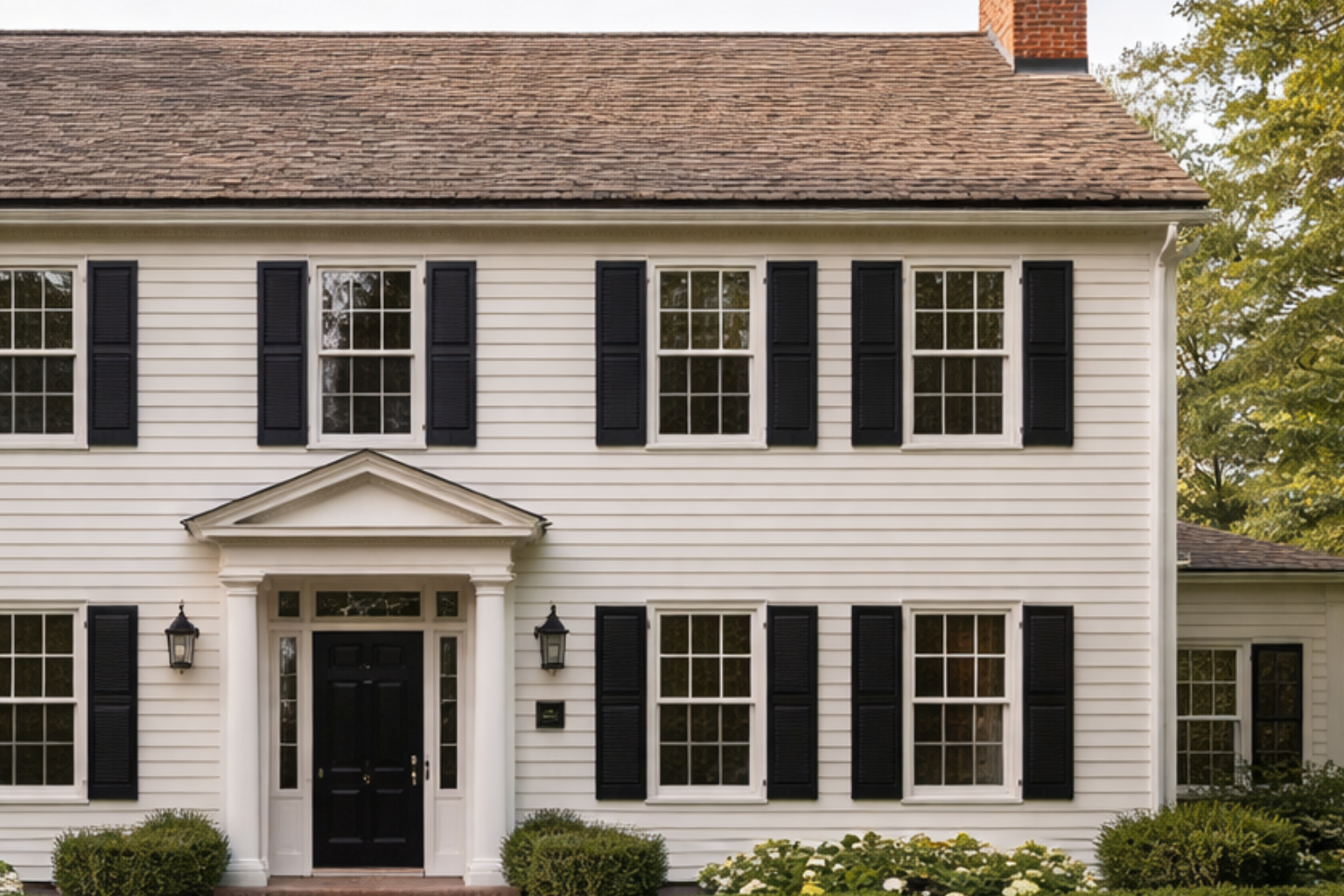 Colonial house with wood siding, brick chimneys, and stone walkway showing common building materials.