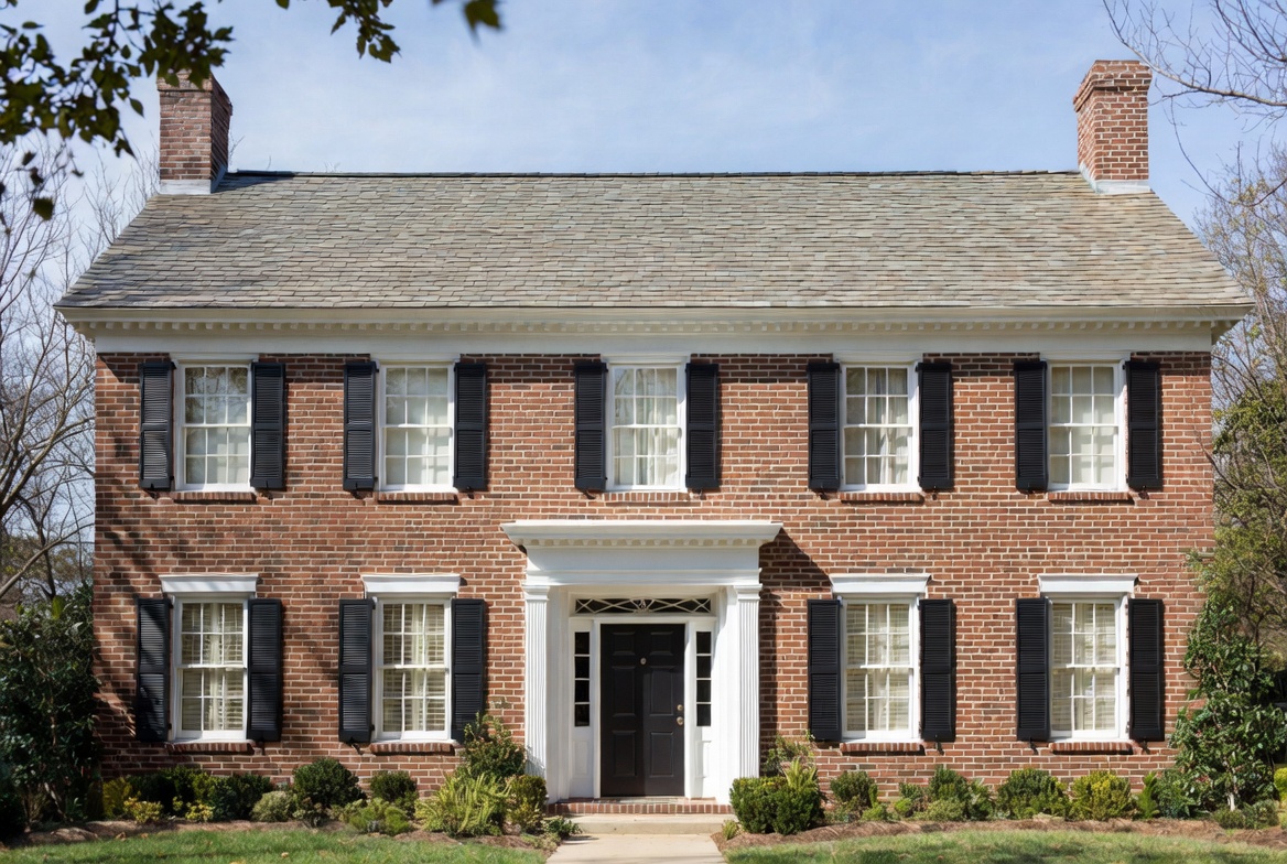 Colonial Revival house with symmetrical facade, side-gabled roof, centered entry, shutters, and dentil cornice.