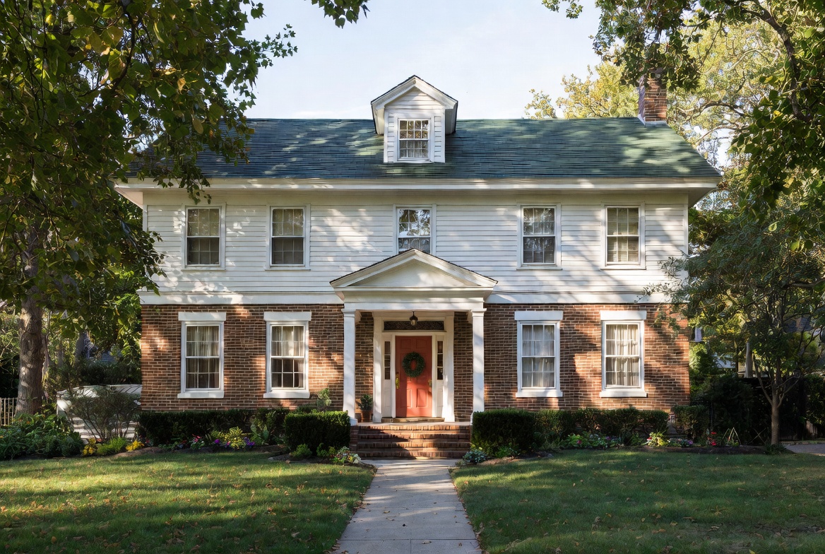 Colonial Revival house with a symmetrical facade, brick lower walls, and a classical entry porch.