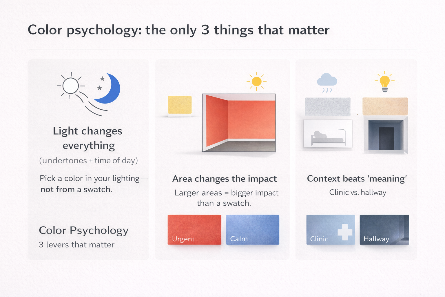 Infographic showing how light, area, and context change how color is perceived