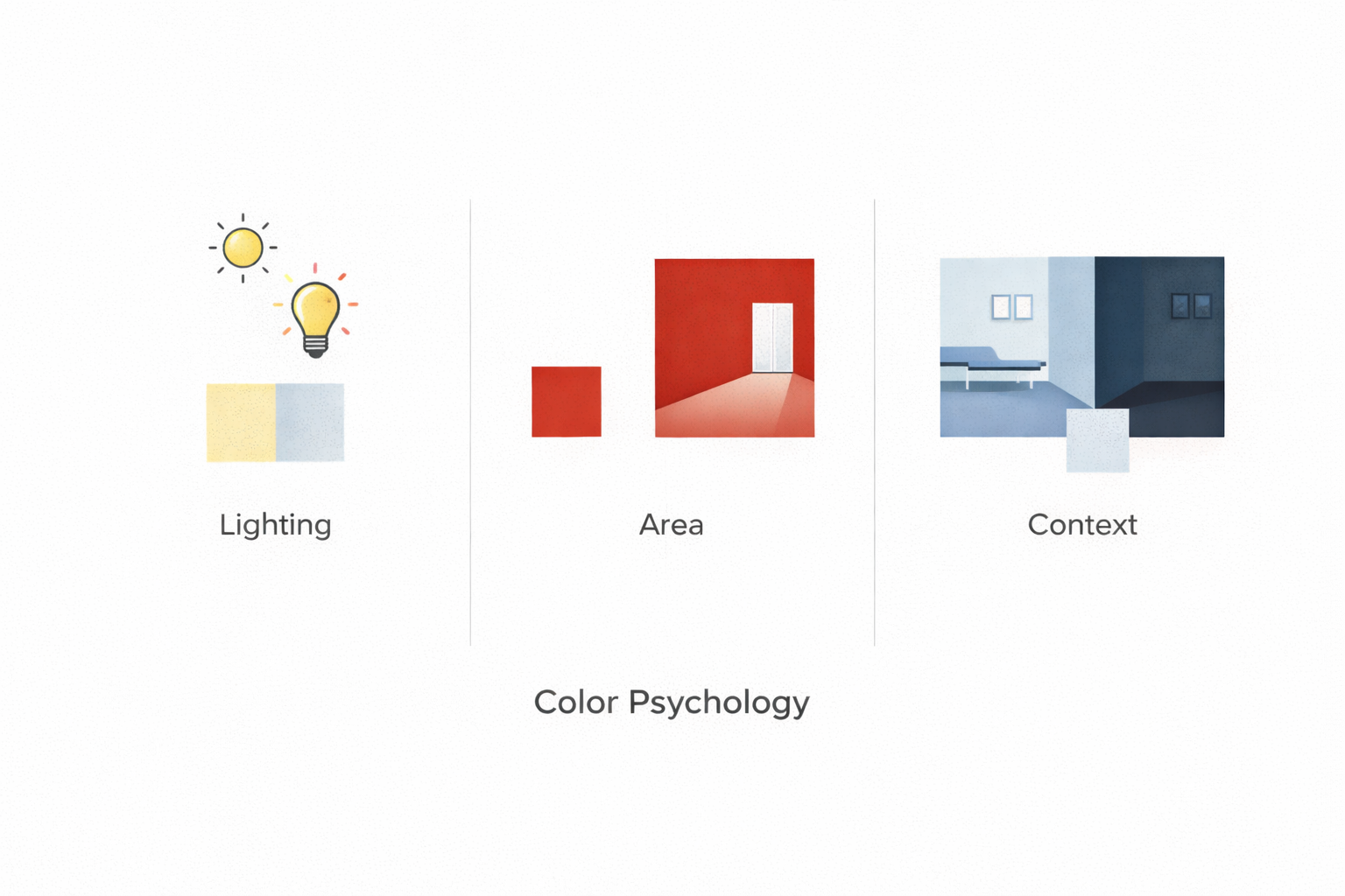 Diagram of color psychology: lighting, area, and context change how color feels.