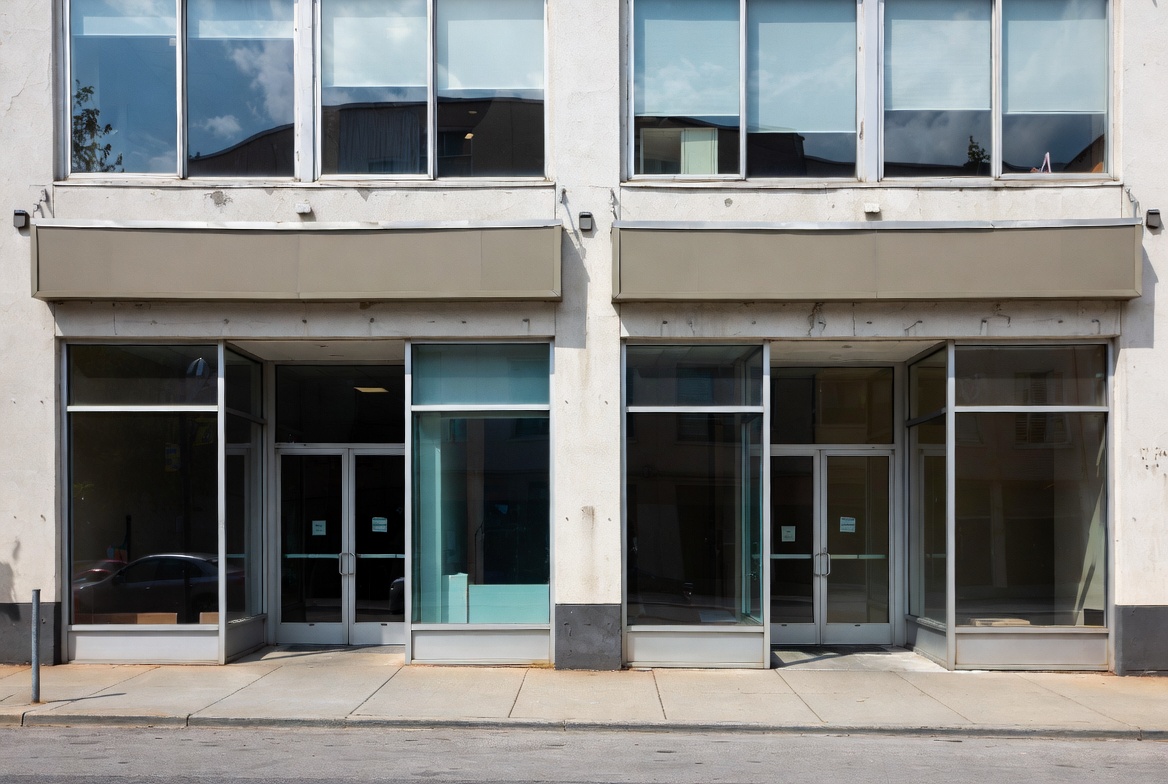 Commercial storefront building with large glazing, street-facing entrances, and ground-floor retail frontage.