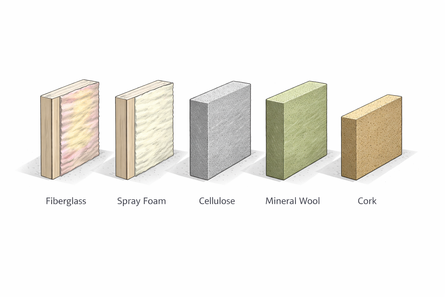 Common insulation materials including fiberglass, spray foam, cellulose, mineral wool, and cork.