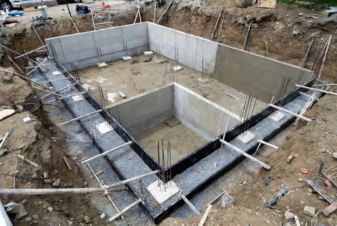 Concrete foundation walls with perimeter waterproofing and gravel drain zone.