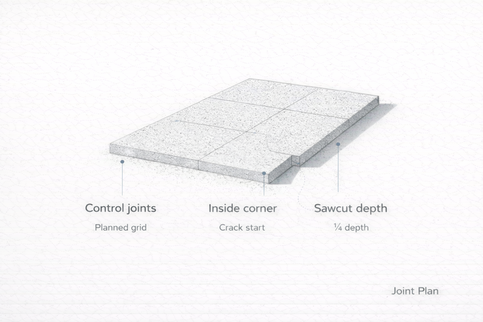 Concrete pad joint layout showing control joints, a re-entrant corner, and sawcut depth rule.