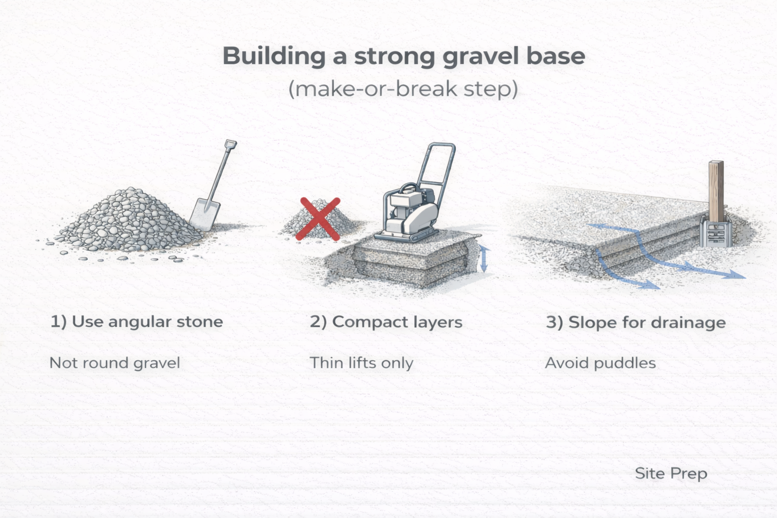Concrete pad gravel base steps: angular stone, compact in lifts, and slope for drainage.