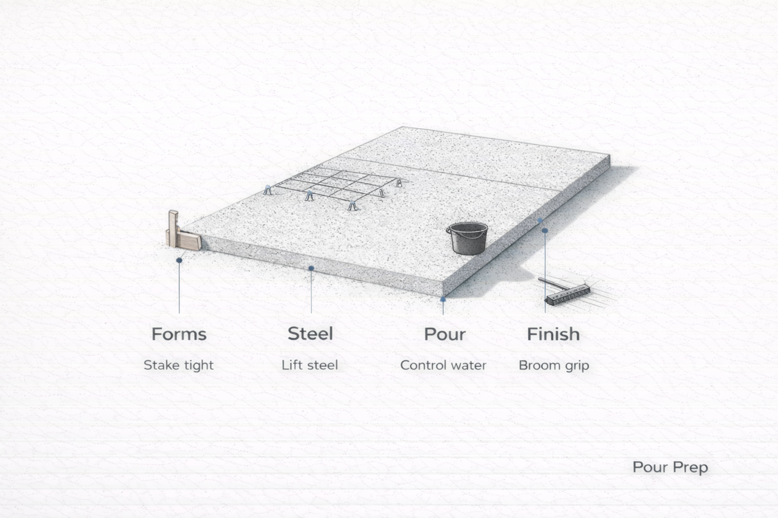 Concrete pad pour prep showing forms, reinforcement, pour control, and broom finish.