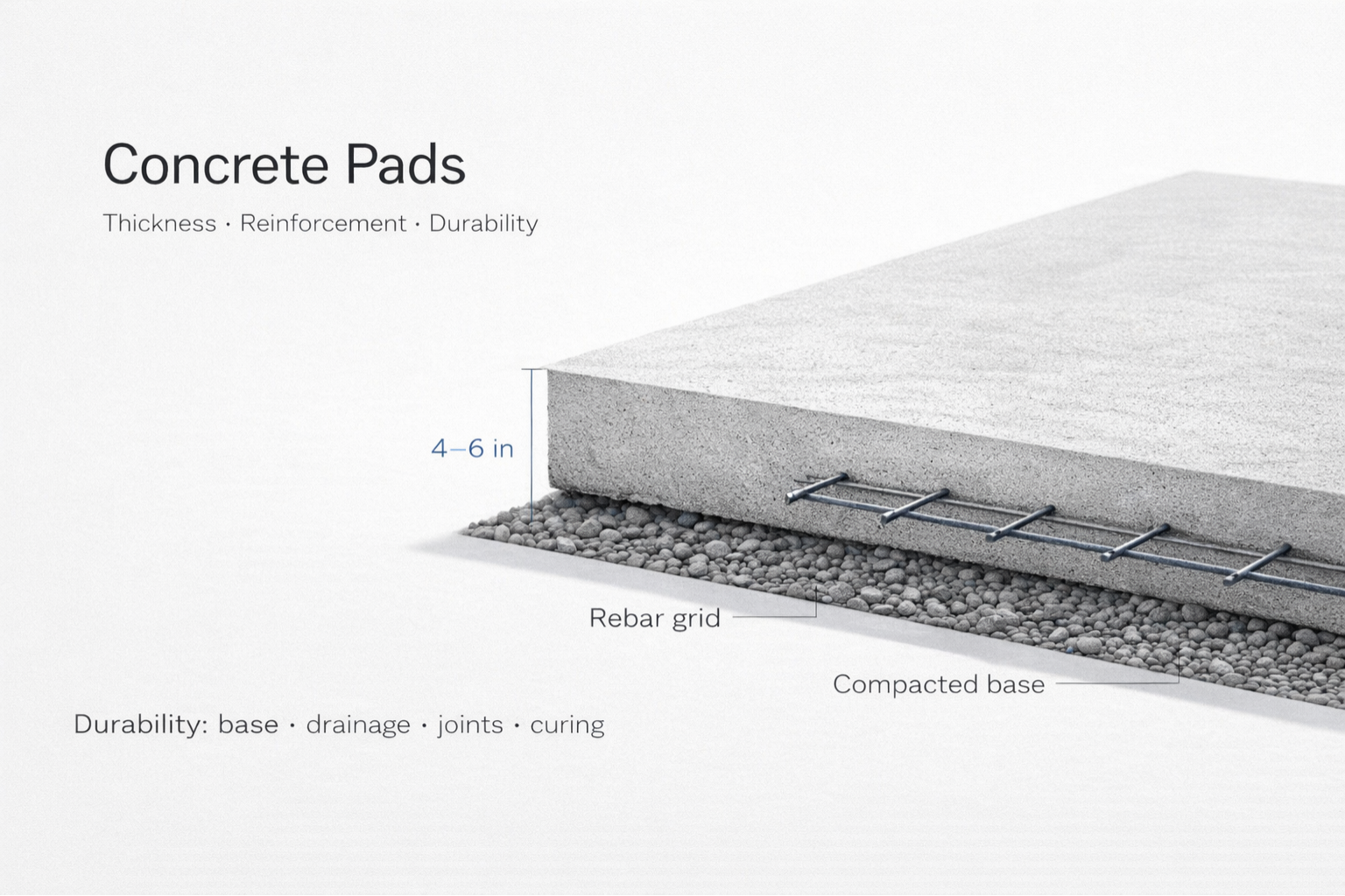 Concrete pad section diagram showing 4–6 in thickness, rebar grid, and compacted base.