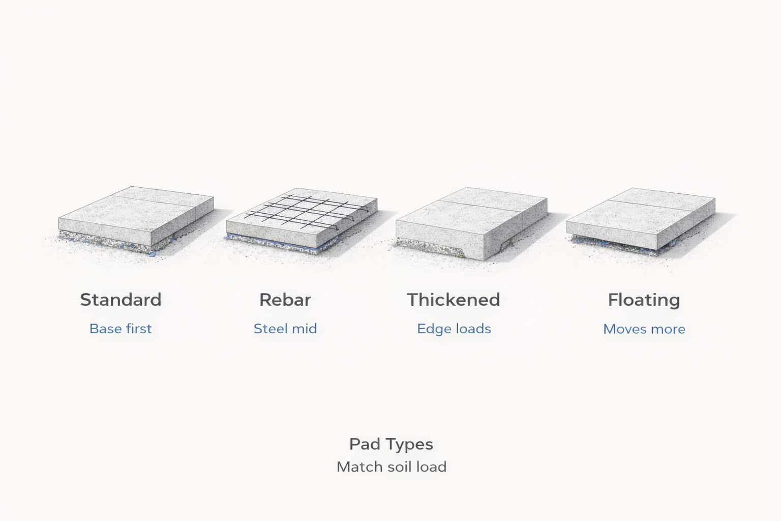 Diagram comparing concrete pad types: standard, rebar, thickened edge, and floating.