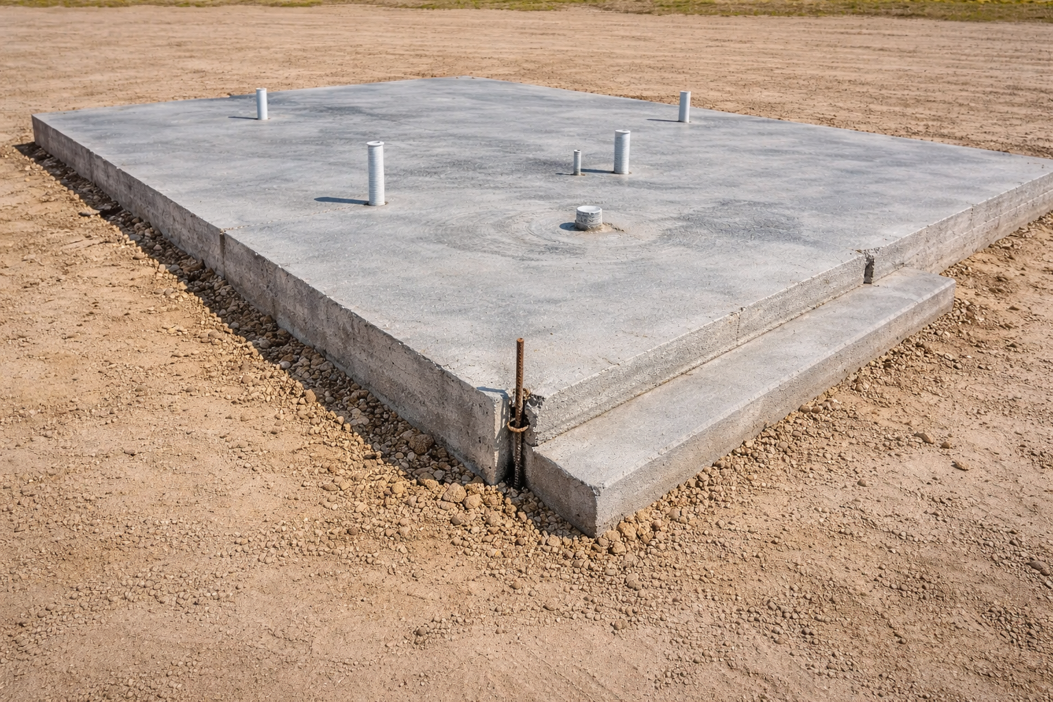 Freshly poured concrete slab-on-grade foundation with thickened edge and plumbing stub-ups on flat sandy site.