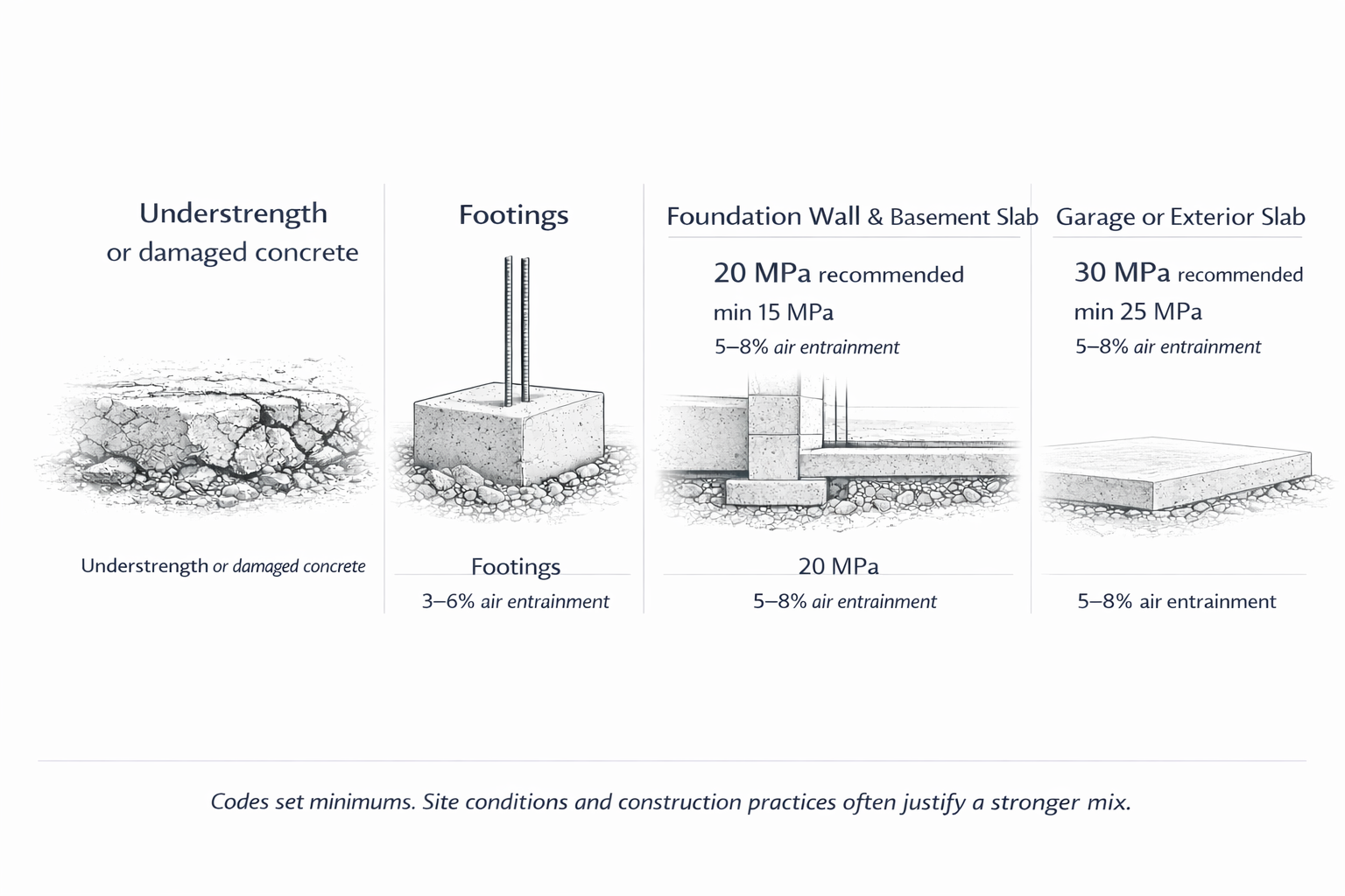 Concrete strength diagram comparing damaged concrete, footings, foundation walls, and slabs.