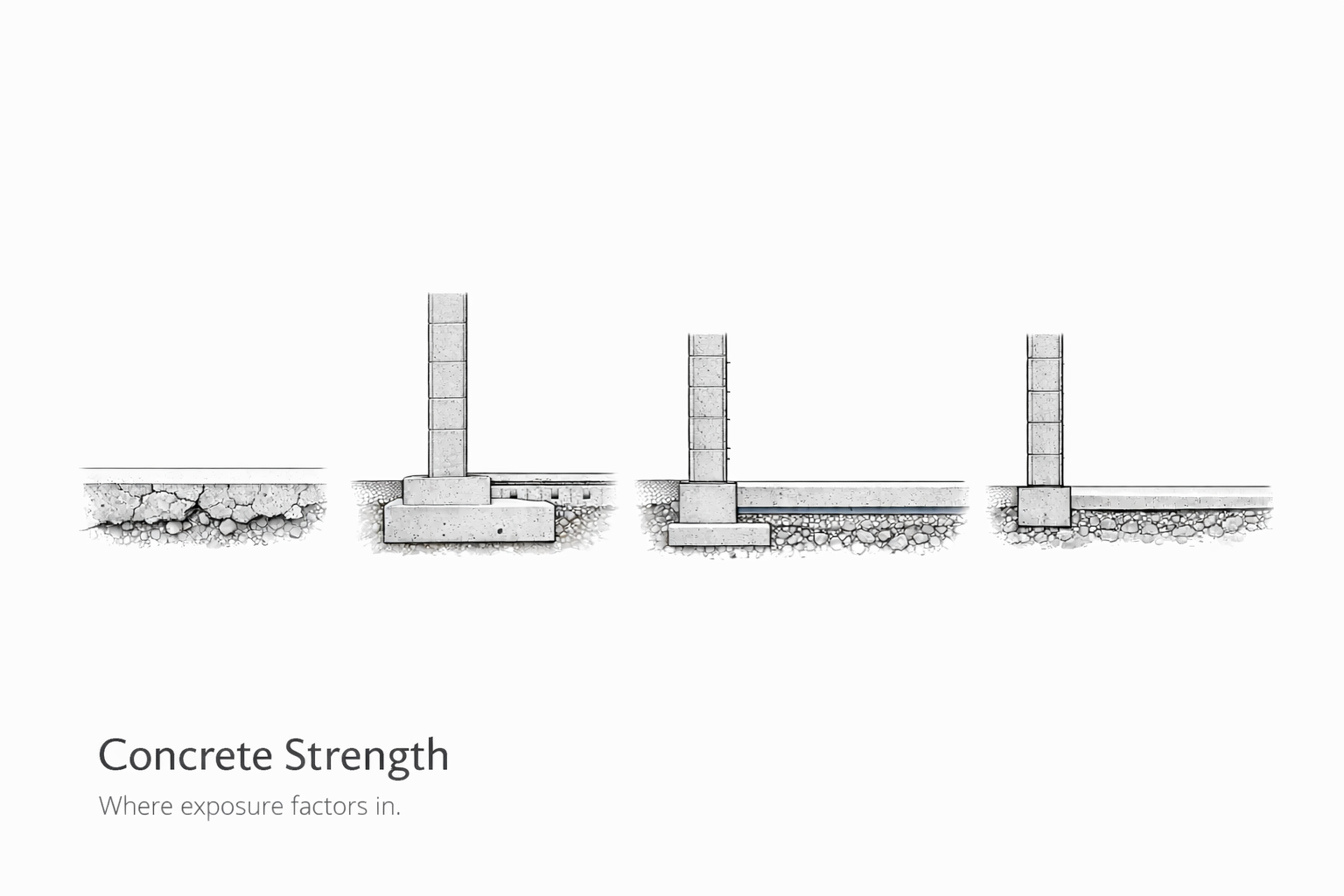 Concrete strength comparison for footings, foundation walls, basement slabs, and exterior slabs.