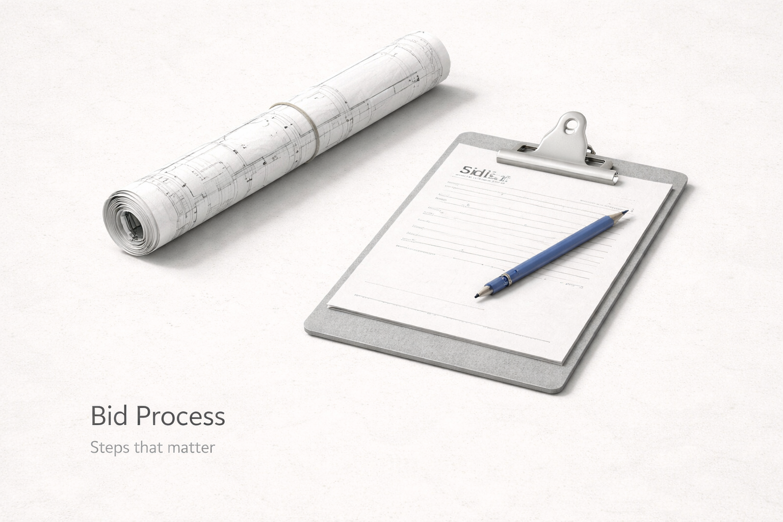 Construction bid process paperwork with rolled drawings, clipboard form, and pen.