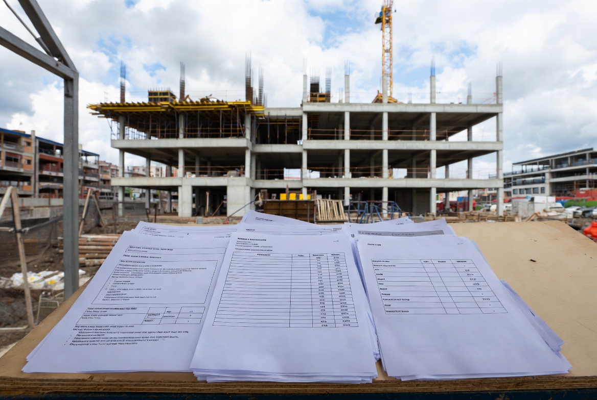 Bid documents and contractor pricing sheets on a site table during construction tender review and award planning.
