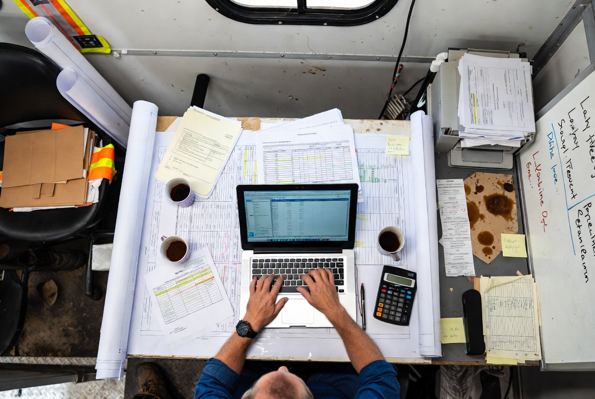 A project manager in the job trailer reviewing subcontractor invoices, change order logs, and actual-vs-estimate costs to catch overruns and scope creep early.