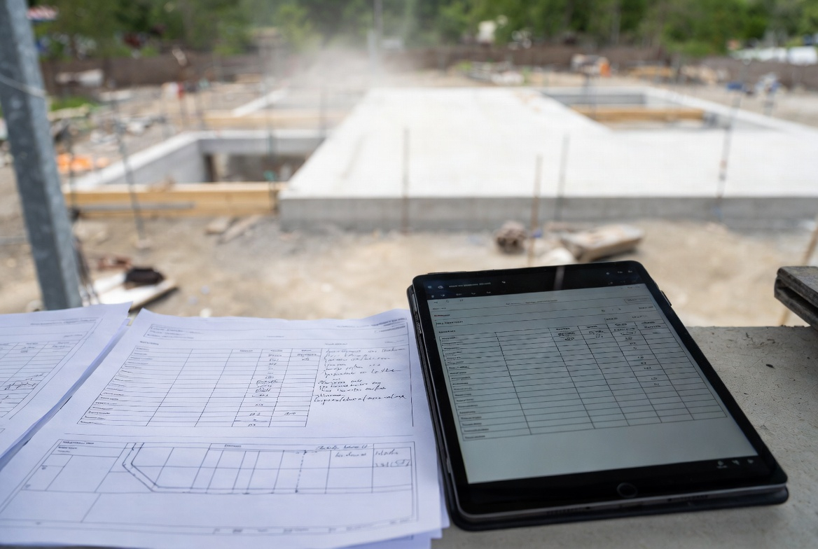 Construction project data tracking with tablet and printed sheets on site for analysis and verification.