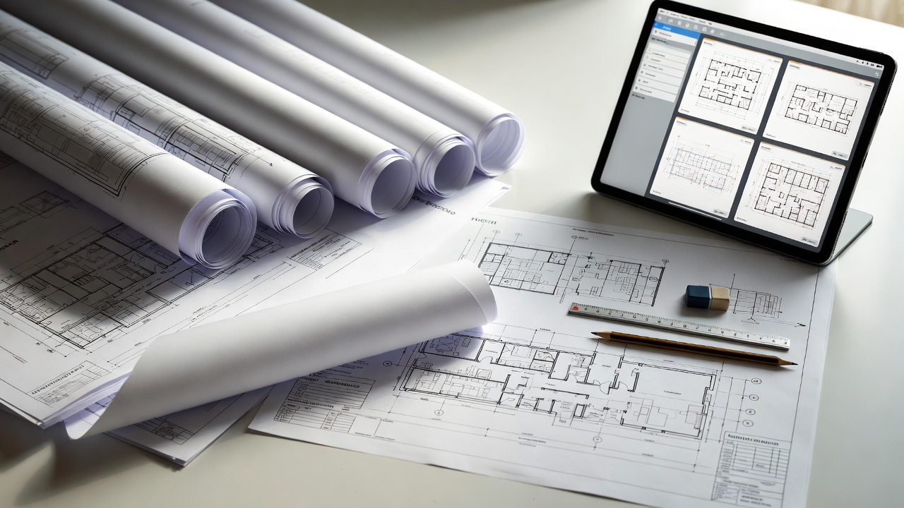 Printed construction sheets fanned out on a desk showing cover sheet, site plan, and main plans for a project review.