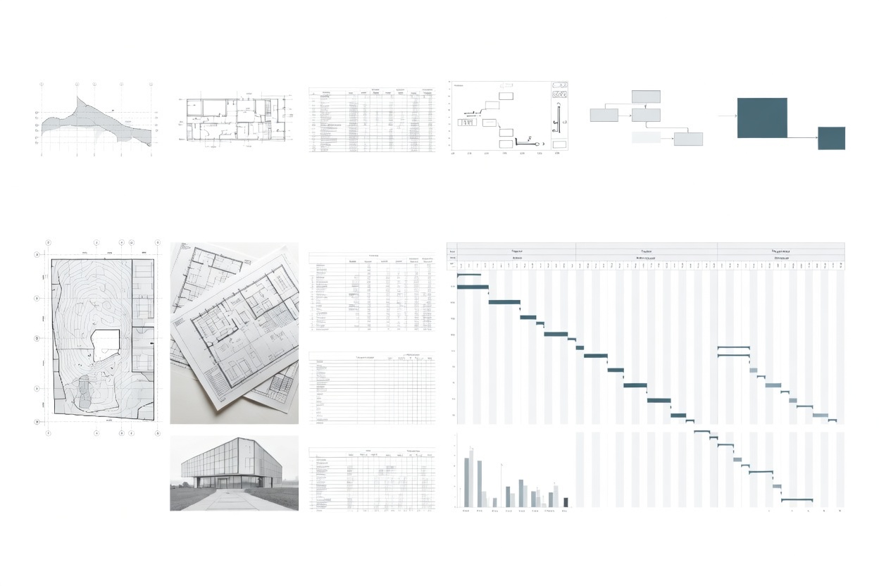 Construction workflow and information control documents, schedules, and tracking charts for a building project.