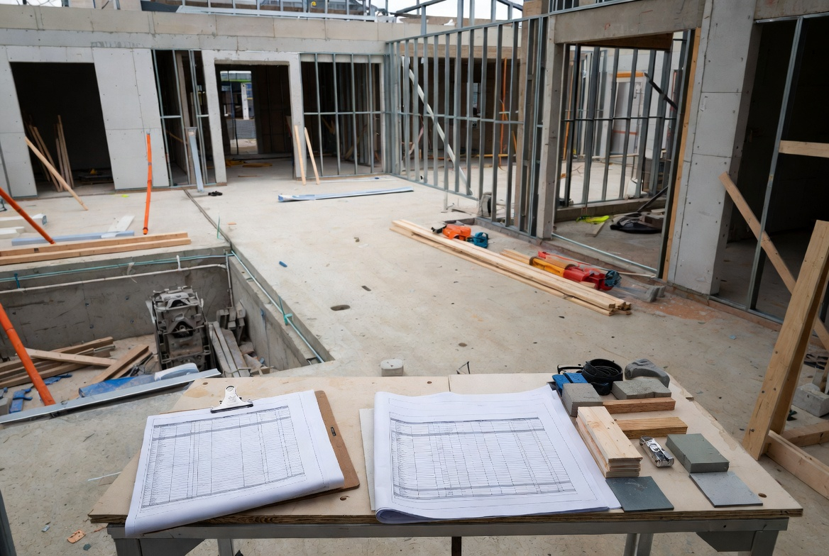 Construction quality management work table with building plans, concrete and wood samples, and inspection checklists illustrating field verification and contract compliance.