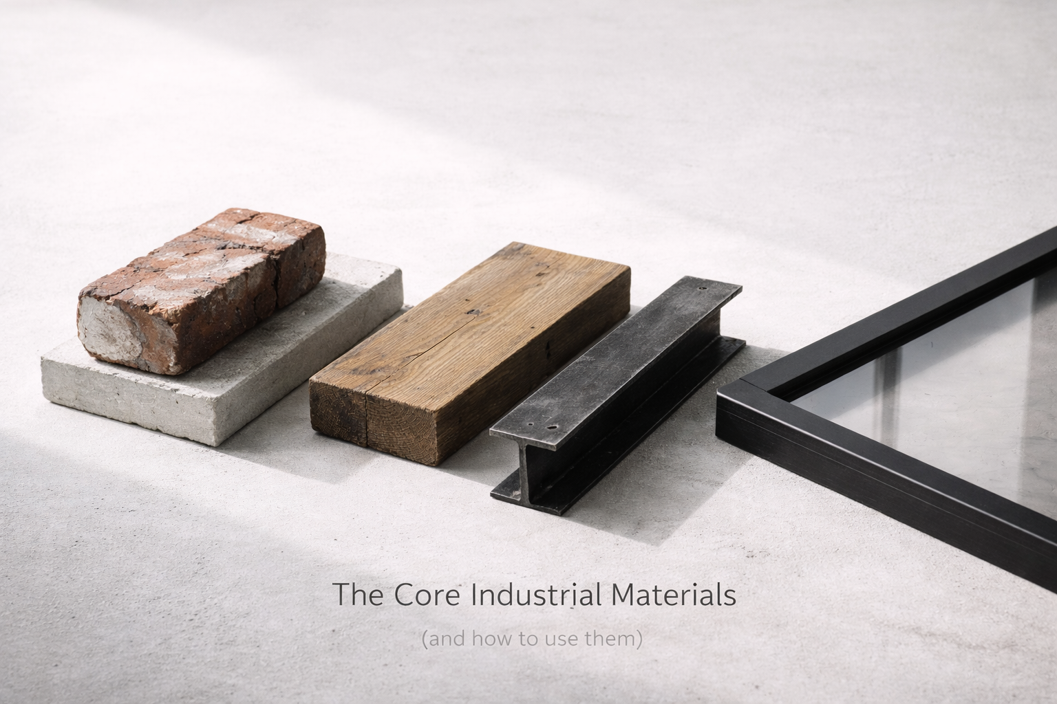 Brick, concrete, wood, steel, and black-framed glass shown as core industrial materials.