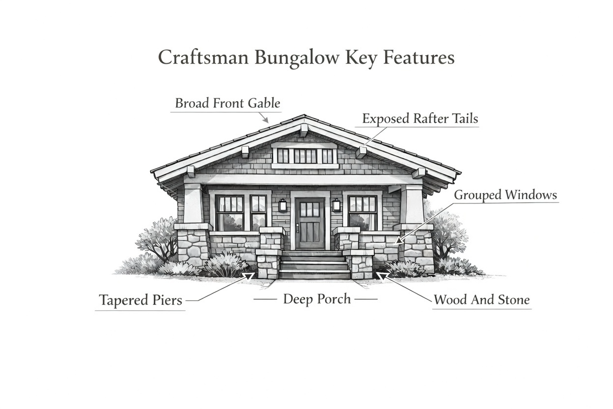Craftsman bungalow key exterior features including broad front gable, exposed rafter tails, grouped windows, deep porch, tapered piers, and wood-and-stone materials.
