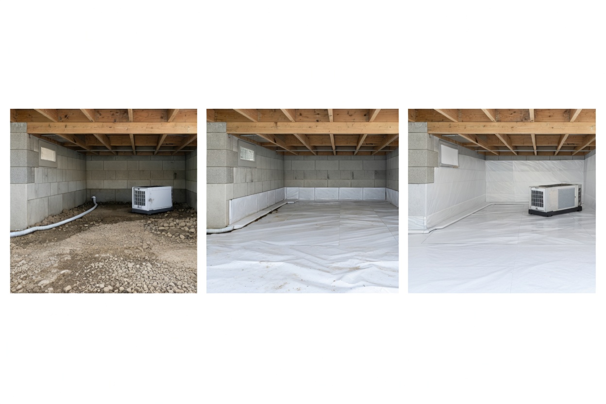 Comparison of crawl space moisture-control conditions: dehumidifier only, vapor barrier only, and full encapsulation.