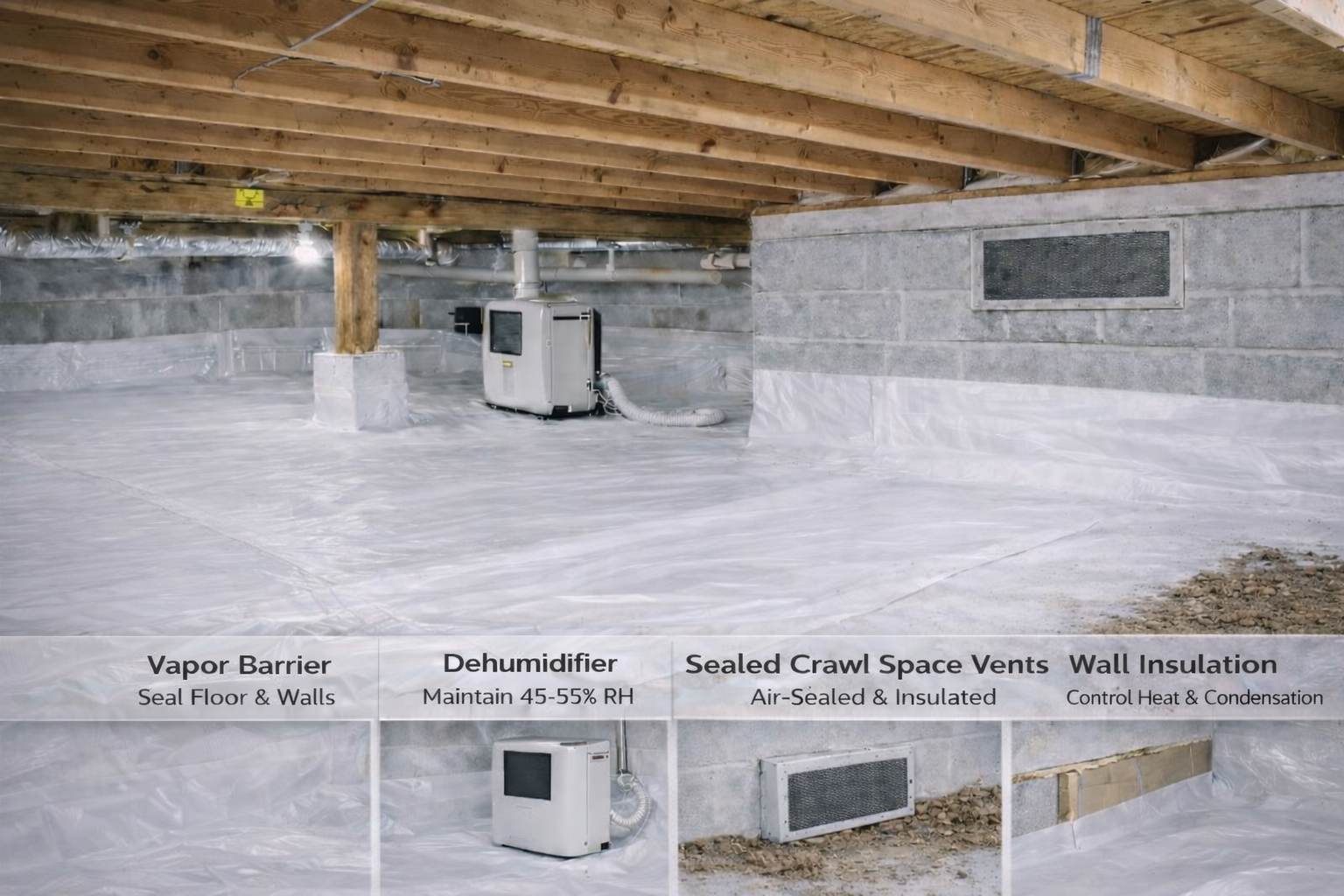 Encapsulated crawl space with bright white ground vapor barrier, sealed crawl space vents, dehumidifier, and wall insulation.