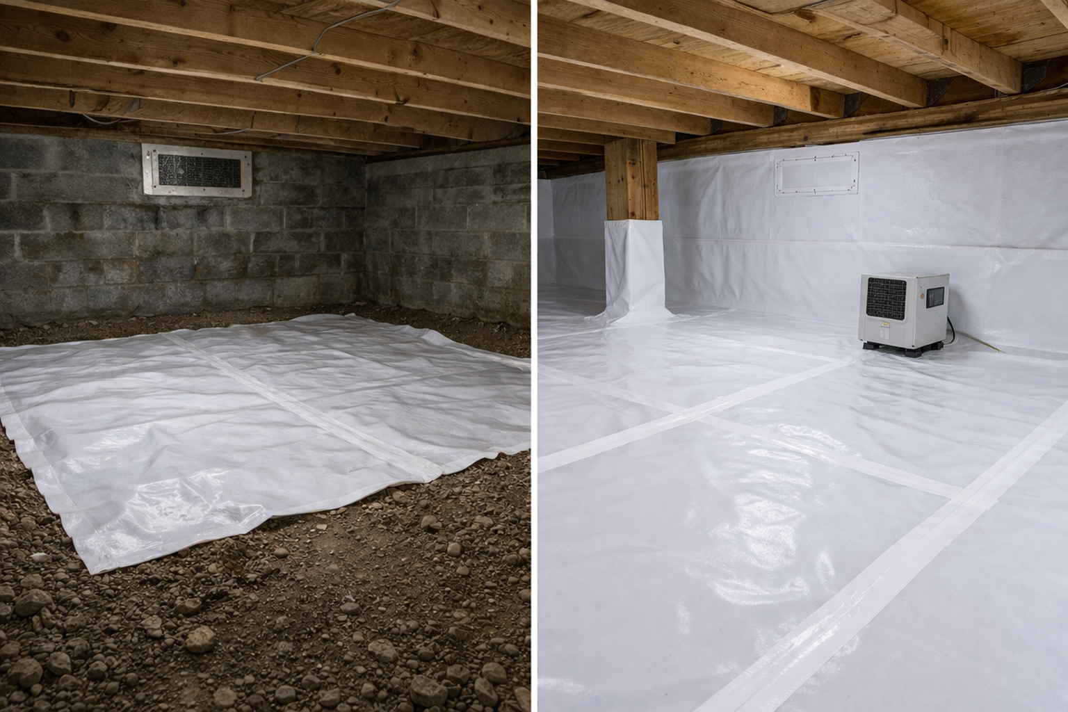 Side-by-side crawl space comparison showing vapor barrier only on one side and full encapsulation on the other.